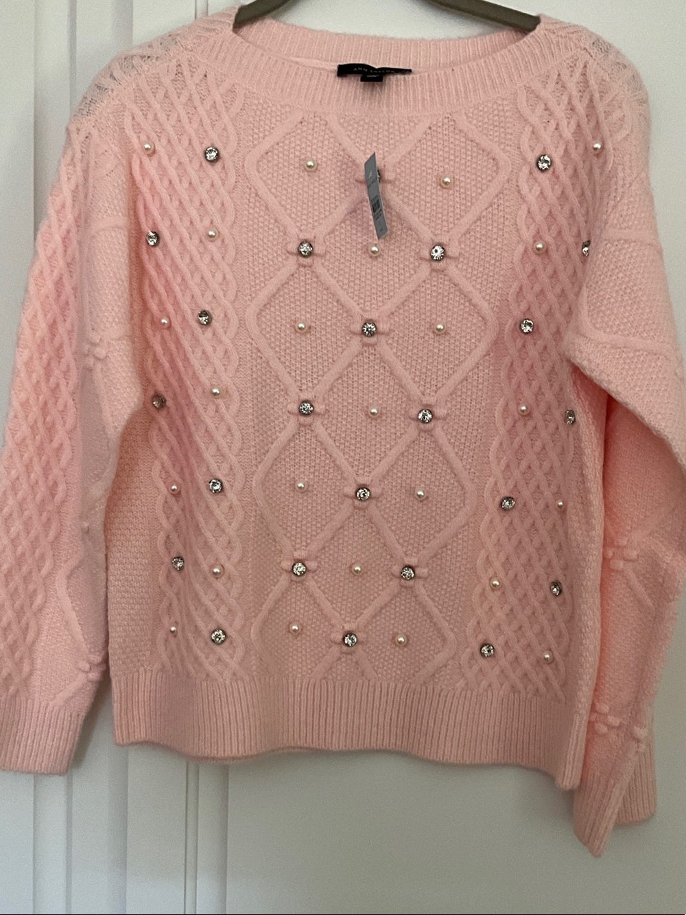 Ann Taylor Light Pink Pearl & Rhinestone Cable Knit Sweater
